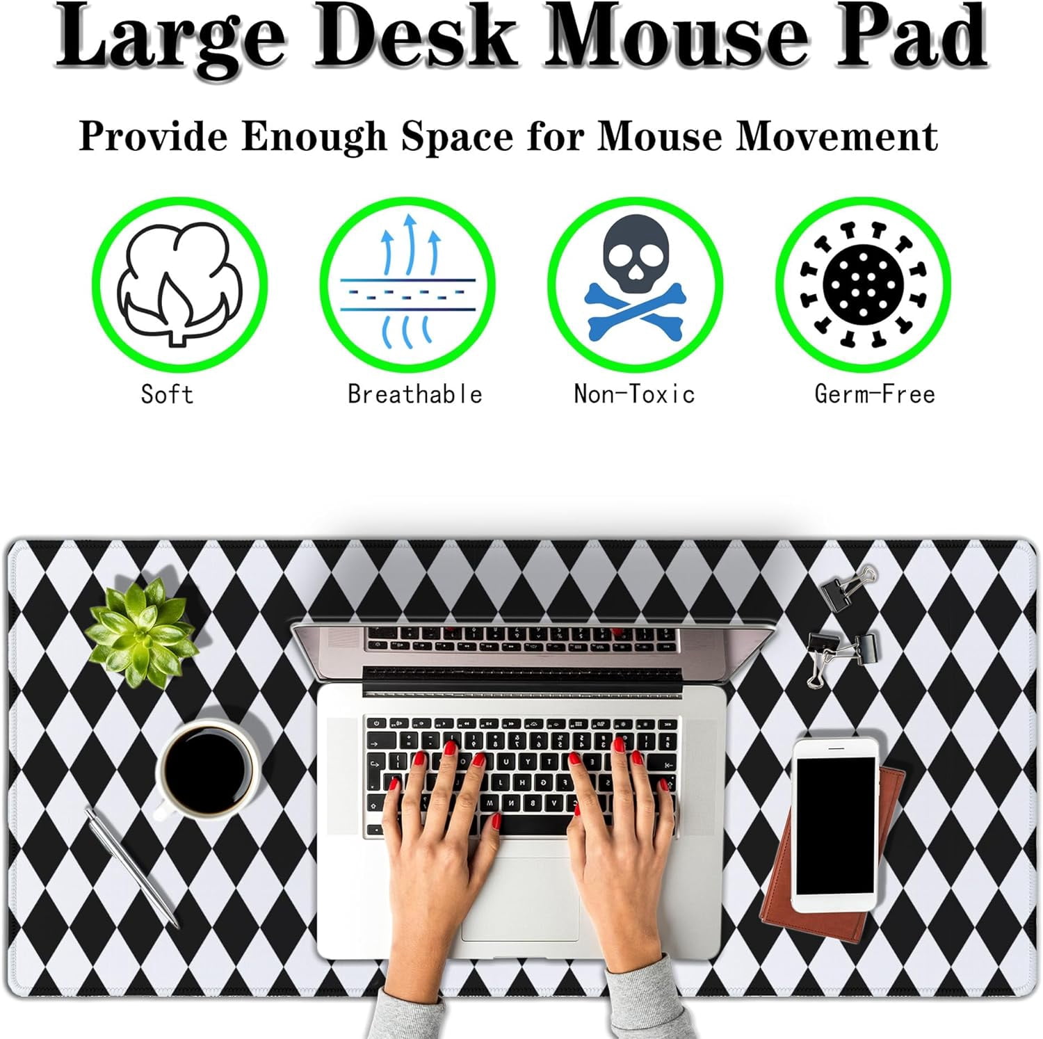 Computer Mat Black and White Desk Mat Large, Big Mouse Pad Gaming Desk Mats, Mouse Pad Gaming Non-Slip Rubber Base Waterproof with Stitched Edges, 35.4" X 15.7" for Work/Game/Office Diamond