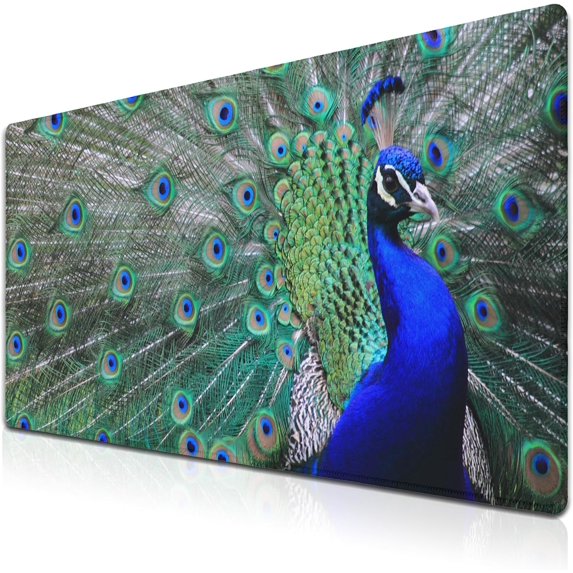 Computer Mat Blue mats, Large Mousepads Keyboard Mouse Pad, Chic Office Desk Accessories Non-Slip Rubber Base Waterproof with Stitched Edges, 35.4 X 15.7 inch for Work/Game/Office Peacock