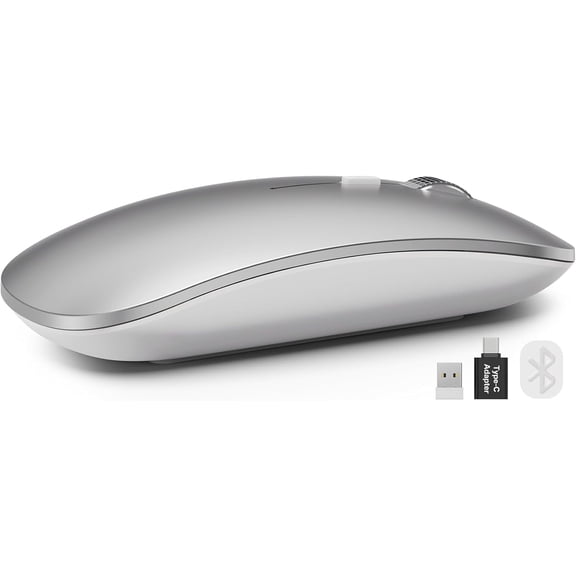 Bluetooth Wireless Mouse for MacBook, iPad, Laptop, Tri-Mode Rechargeable Silent Slim Computer Mouse for 3 Devices with USB & USB-C,Sliver