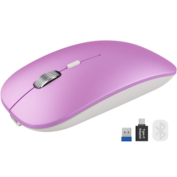 Bluetooth Wireless Mouse for MacBook, iPad, Laptop, Tri-Mode Rechargeable Silent Slim Computer Mouse for 3 Devices with USB & USB-CPurple