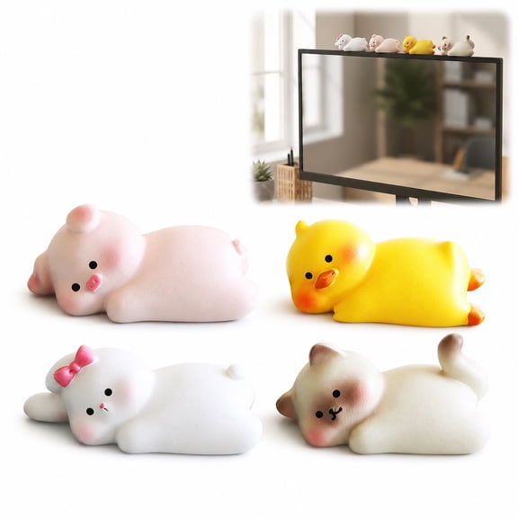 Computer Monitor Decor, 4pcs Cute Monitor Buddy Desk Decorations, Lying Animal Mini Desk Figurines for Computer Screen, Office Desk, Shelf & Workspace Decor