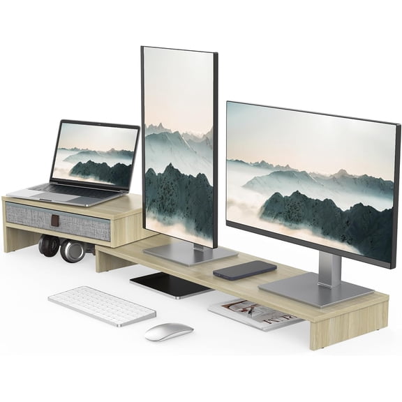 Computer Monitor Riser Stand with Drawer for 2 or 3 Monitors ,Adjustable Length and Angle Desktop Laptop Stand,Office Organizer,Printer,Oak