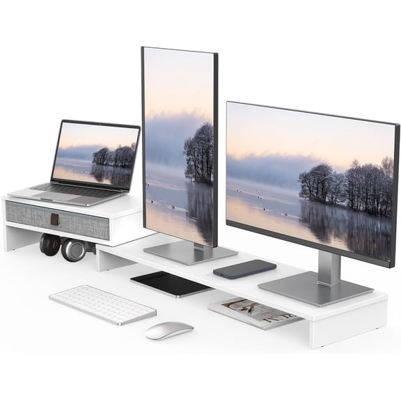 Computer Monitor Riser Stand with Drawer for 2 or 3 Monitors ,Adjustable Length and Angle Desktop Laptop Stand,Office Organizer,Printer,White