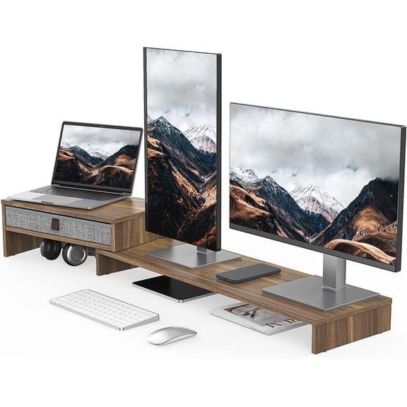Computer Monitor Riser Stand with Drawer for 2 or 3 Monitors ,Adjustable Length and Angle Desktop Laptop Stand,Office Organizer,Printer