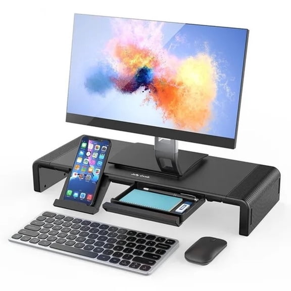 Computer Monitor Stand, Foldable Monitor Stand Riser, Computer Stand with Storage Drawer & Phone Stand for Computer, Desktop, Laptop, Save Space (Black)