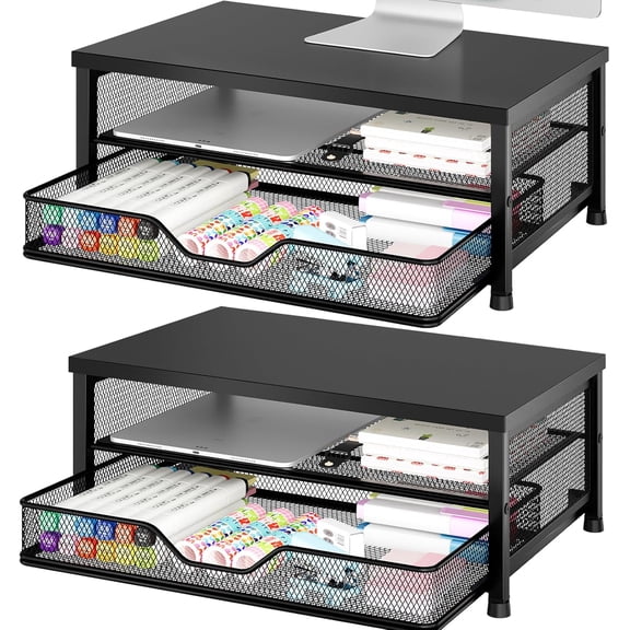 Computer Monitor Stand Riser, Desk Organizer with Drawer, Laptop Stand, Office Desk Accessories & Workspace Desktop Organizers Storage for Office Supplies(Black 2-Pack)