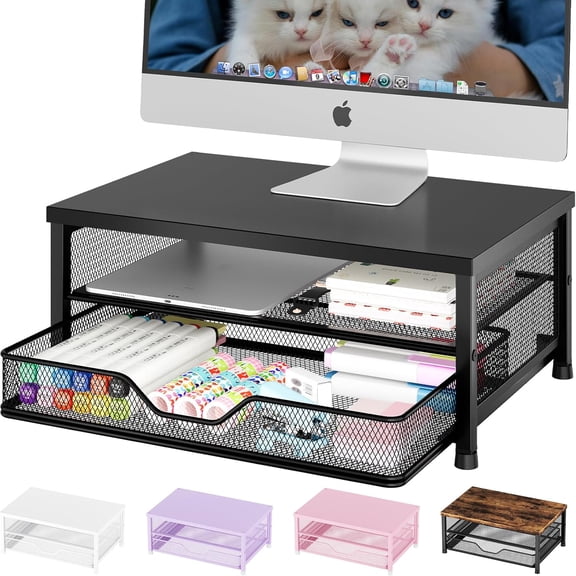 Computer Monitor Stand Riser, Desk Organizer with Drawer, Laptop Stand, Office Accessories & Workspace Desktop Organizers Storage for Supplies(Black)