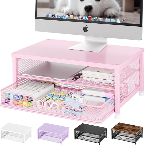 Computer Monitor Stand Riser, Desk Organizer with Drawer, Laptop Stand, Office Desk Accessories & Workspace Desktop Organizers Storage for Office Supplies(Pink)