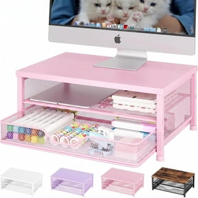 Computer Monitor Stand Riser, Desk Organizer with Drawer, Printer & Laptop Stand, Office Desk Accessories & Workspace Desktop Organizers Storage for Office Supplies(Pink)