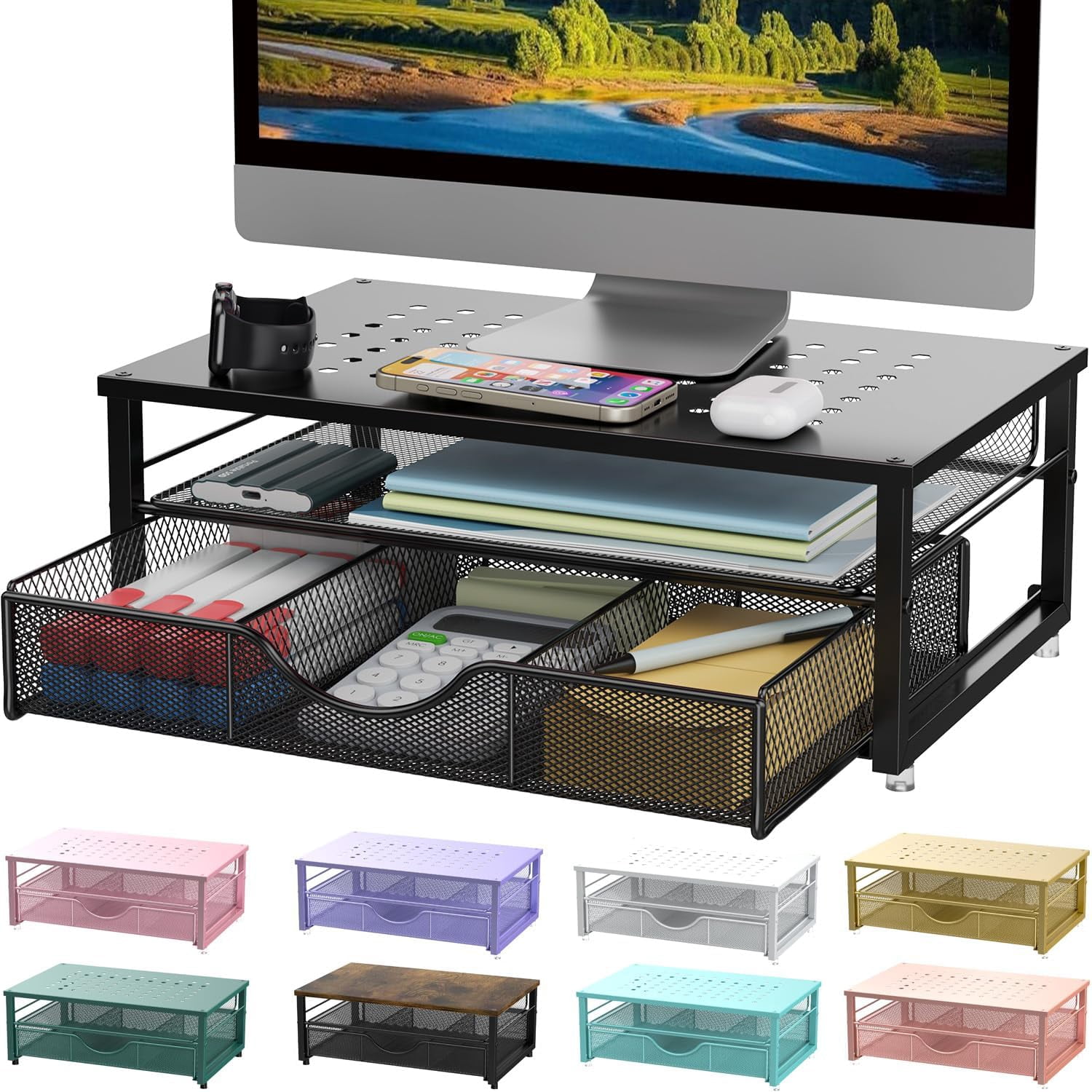 Computer Monitor Stand Riser, Desk Organizers and Accessories with Drawer, Office Desk Accessories & Workspace Desktop Organizers Storage for Classroom Office Supplies (Black)