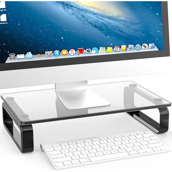Computer Monitor Stand Riser Multi Media Desktop Stand for Flat Screen LCD LED TV, Laptop/Notebook, with Tempered Glass and Metal Legs, Black HD02B-001U