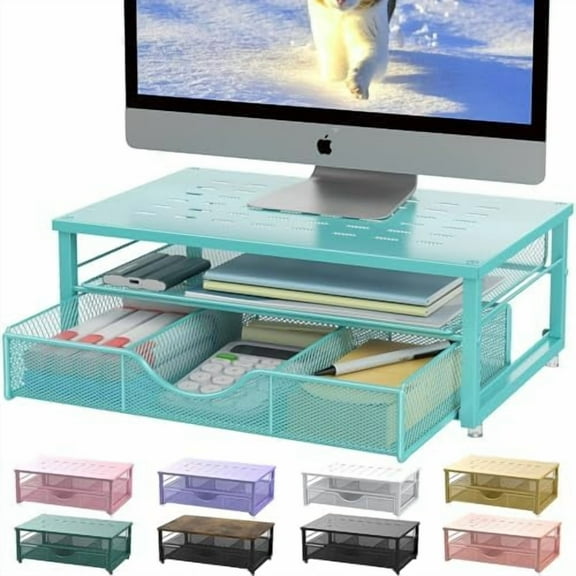 Computer Monitor Stand Riser, office organizer with Drawer, Office Organizers Storage for Classroom Office Supplies (Blue)