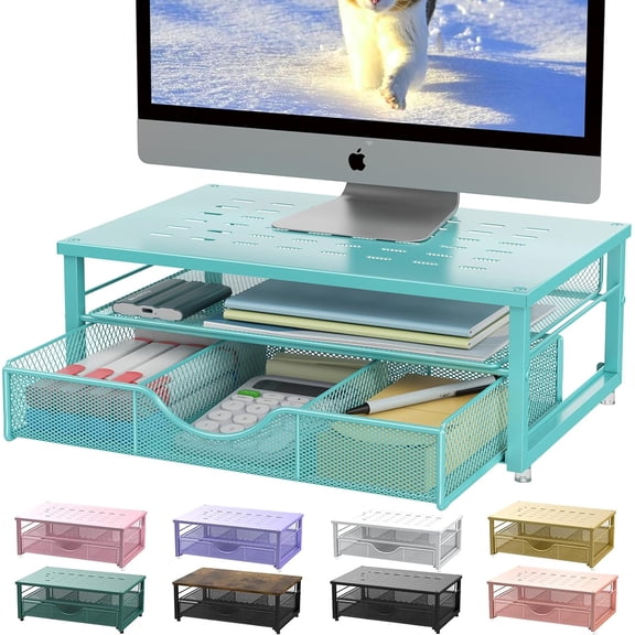 Computer Monitor Stand Riser, office organizer with Drawer, Office Organizers Storage for Classroom Office Supplies (Blue)