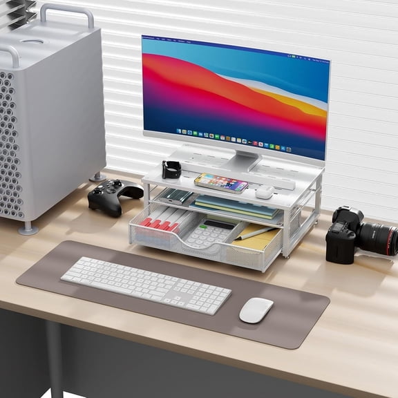 Computer Monitor Stand Riser, office organizer with Drawer, Office Organizers Storage for Classroom Office Supplies (White)