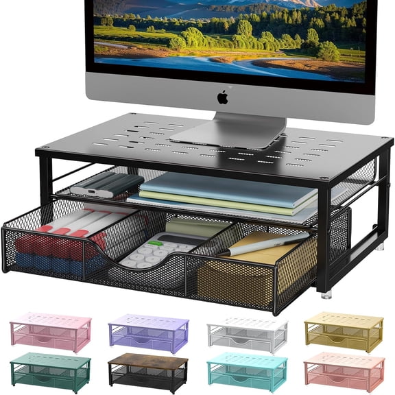 ZEN Computer Monitor Stand Riser, Desk Organizers and Accessories with Drawer, Office Desk Accessories & Workspace Desktop Organizers Storage for Printer Stand (Black)