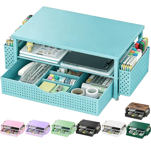 Modern Desk Monitor Riser Computer Monitor Stand with Drawer and 2 Pen Holders, Blue | Double ...