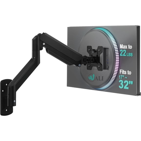 Computer Monitor Wall Mount for 17 to 32 Inch Screens, Single Monitors Holds up 22lbs, Fully Adjustable Gas Spring Arm, 75x75/100x100mm VESA (GSWM001),