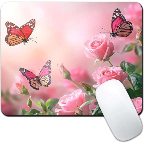 Computer Mouse Pads for Desk, Pink Rose Flower Mouse Pad Small Square Computer Mousepad, 9.5" x 7.9" Portable Non-Slip Rubber Base Design for PC & Wireless Laptop Home Office