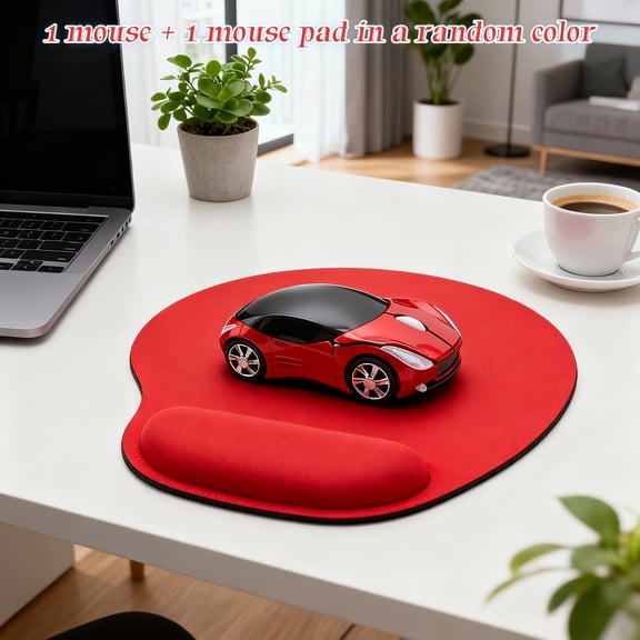 Computer Mouse with Car Shape, Red Laptop Mouse and Random Color Mouse Pad for Home Office