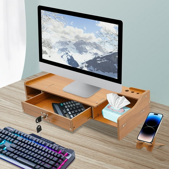 Computer Rack, Durable, Monitor Riser with Lockable Drawer for Laptop PC
