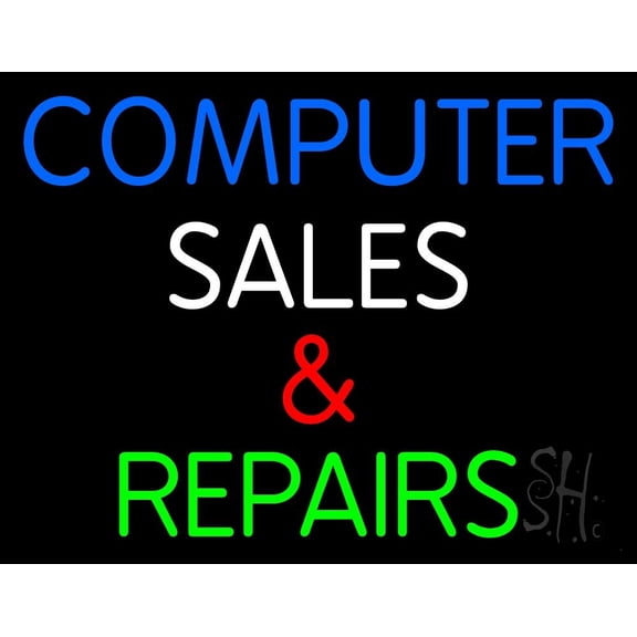Computer Sales And Repairs 1 LED Neon Sign 15 x 19 - inches, Clear Edge Cut Acrylic Backing, with Dimmer - Bright and Premium built indoor LED Neon Sign for Computer & Electronics store decor.