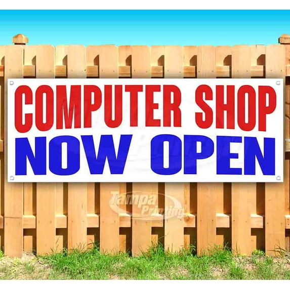 Computer Shop Now Open 13 oz Vinyl Banner With Metal Grommets