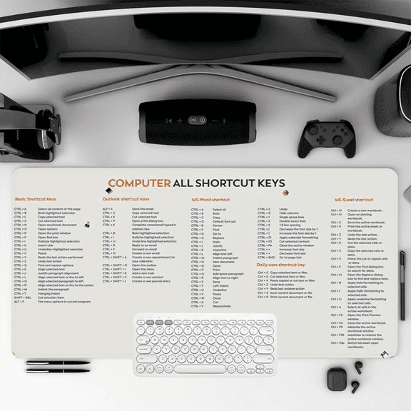 Computer Shortcut Keys Mouse Pad 35.4 x 15.8 Inches Rubber Office Desk Mat with MS Word Excel Outlook Key Guide