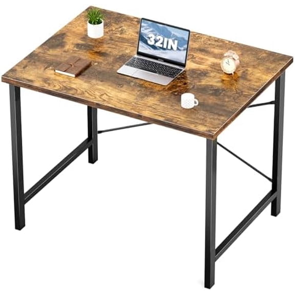 Computer Small Office Desk 32 Inch Student Study Writing Work with Metal Frame Wood Tabletop Modern Simple PC Home Bedroom Table, Rustic Brown