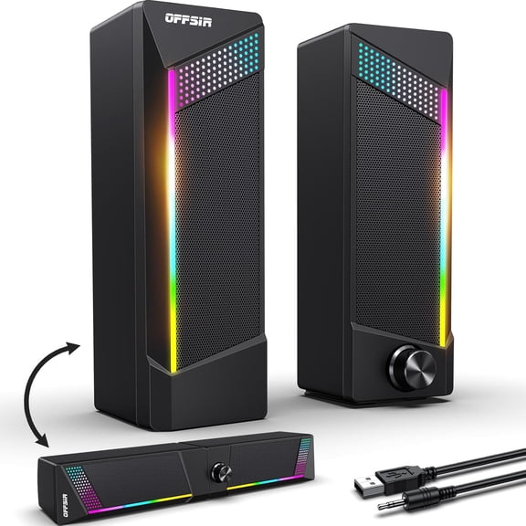 Computer Speakers, 2 in 1 PC Speaker , Gaming Speakers for PC Computer Laptop Desktop Monitor, RGB Speakers with Touch Sensitive Lighting, USB Powered 3.5mm AuxPackage Only Two Speaker, No Soundbar