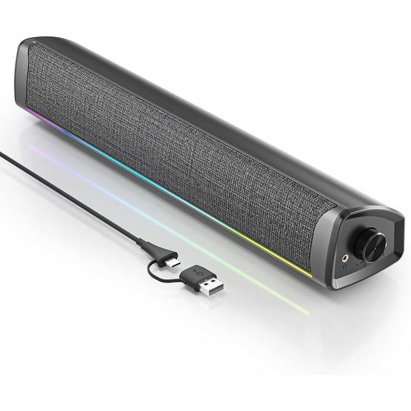 Computer Speakers for Desktop PC, Gaming Soundbar with 4 Drivers, 12 RGB Lighting Modes, USB/USB-C Powered PC Speakers, Plug & Play Monitor Sound Bar with Mic & Headphone Jack for Laptop, PC, Black