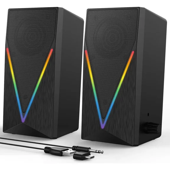 Computer Speakers, Desktop Speakers with 6 Colorful RGB Lights, Headphone Jack, Enhanced Bass and Volume Control, PC Speakers USB Powered & 3.5mm Aux Gaming Speakers for Laptop Monitor PC Tablet