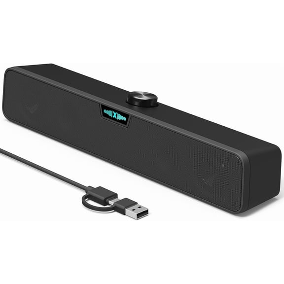 Computer Speakers Soundbar for Desktop PC Mac, USB Plug-in, Wired, External Speakers for Laptop Desk Monitor, RGB Gaming Sound bar with HD Stereo Loud Sound, Punchy Bass, Volume Knob, USB C Adapter