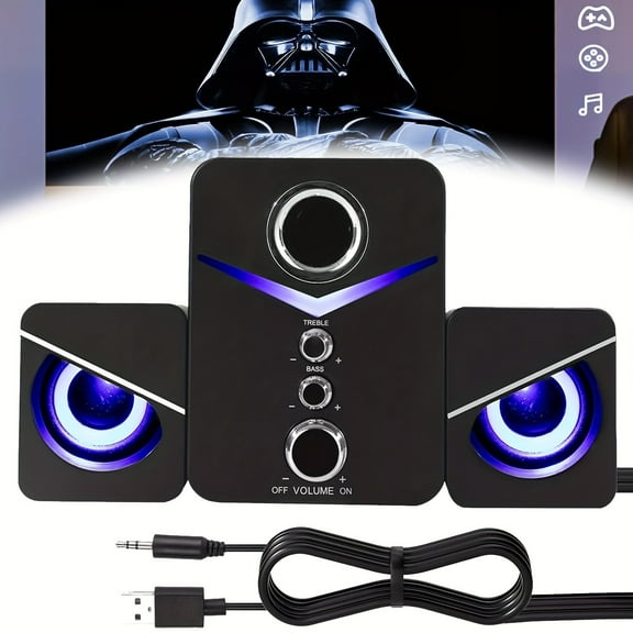 Computer Speakers with Subwoofer, USB Powered And 3.5Mm Auxiliary Connection Computer Speakers 2.1 Channel with Blue Ambient Light for Desktop, Laptop, Tablet Speakers Living Room Party