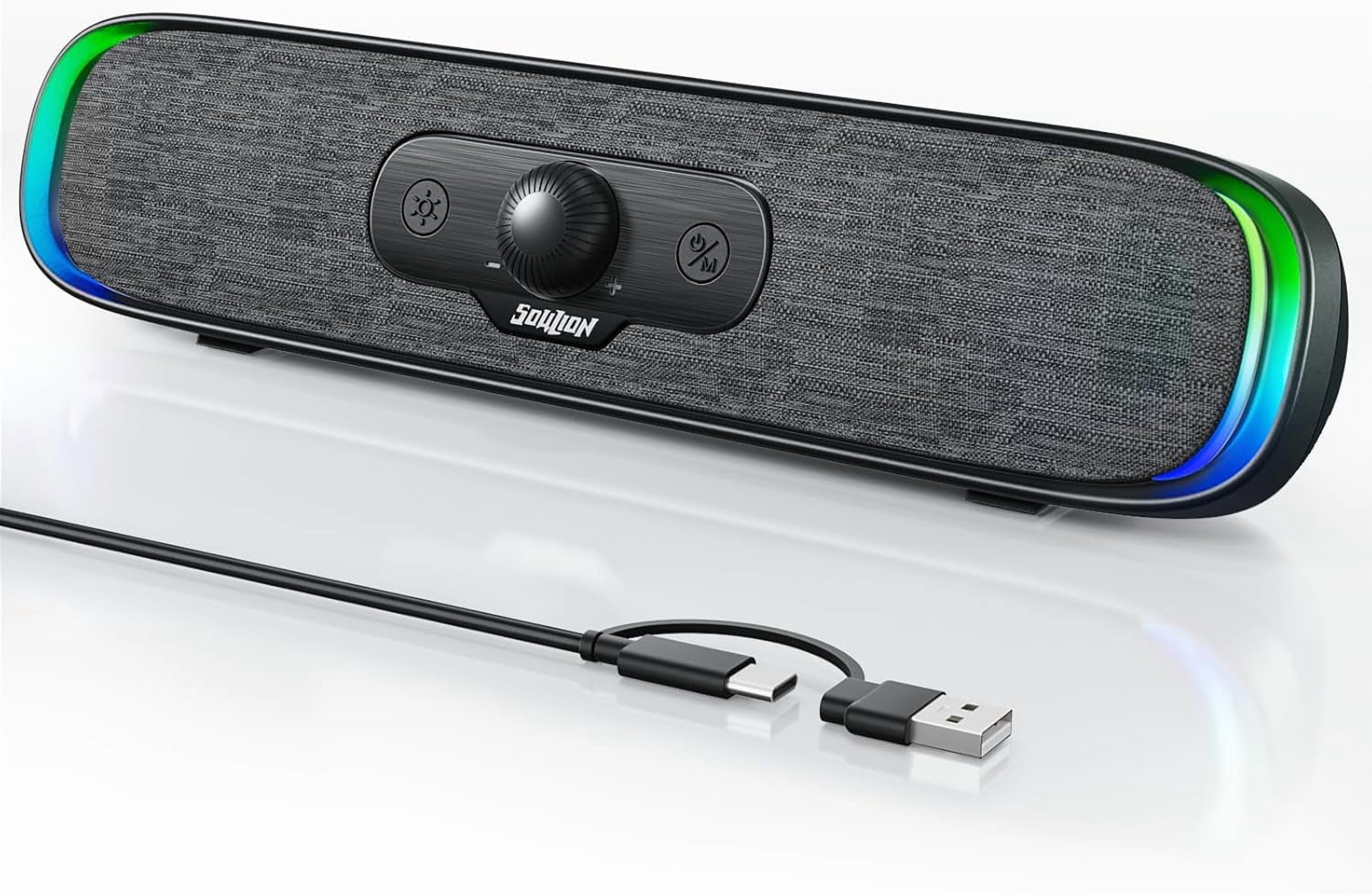 Computer Speakers, USB C/USB Powered PC Speaker with Colorful LED Lights, Plug-N-Play Wired Bluetooth Sound bar with Rotary Control for Desktop Laptop Monitor Office Work Music Black