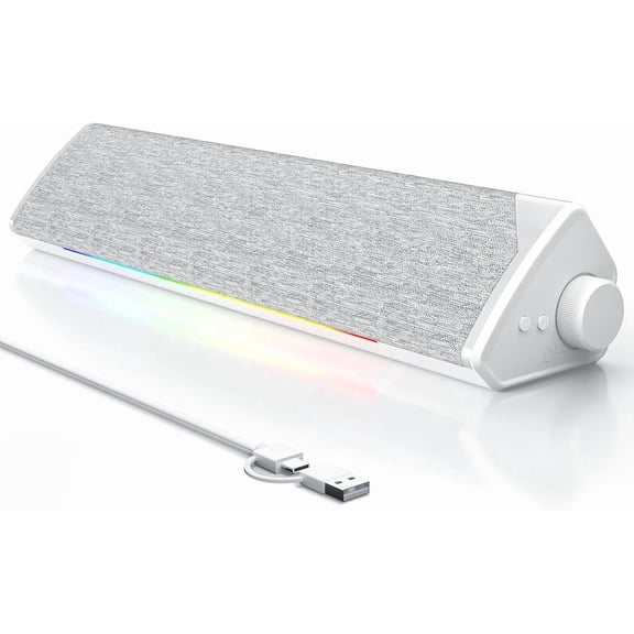 Computer Speakers, USB- PC Soundbar with Dynamic RGB LED Lights, Surround Sound for Desktop, Laptop, Office, Work, Music & Gaming White (USB-C to USB Adapter Included)