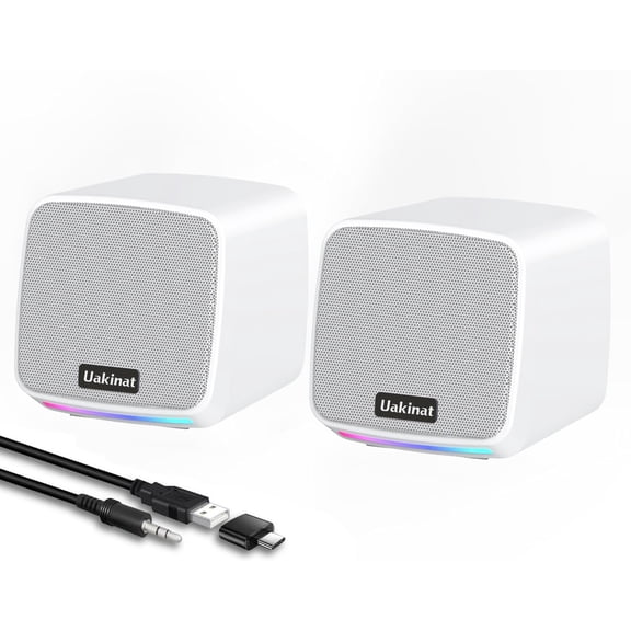 Computer Speakers for Desktop PC, USB Powered 3.5mm Aux Speaker for PC, Laptop, Tablet, Phone, Plug and Play with Volume Control, White
