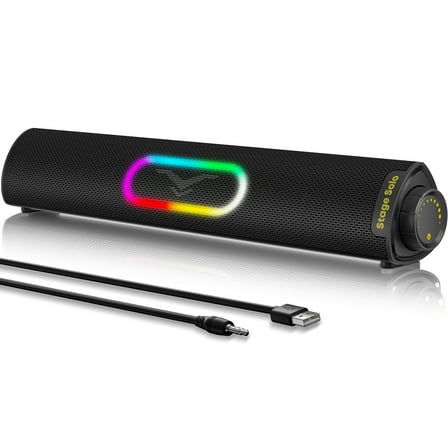 Computer Speakers for PC, Wired Desk Soundbar with Stereo Sound, LED Lights, Supports Bluetooth 5.3/USB Plug-N-Play/3.5mm AUX