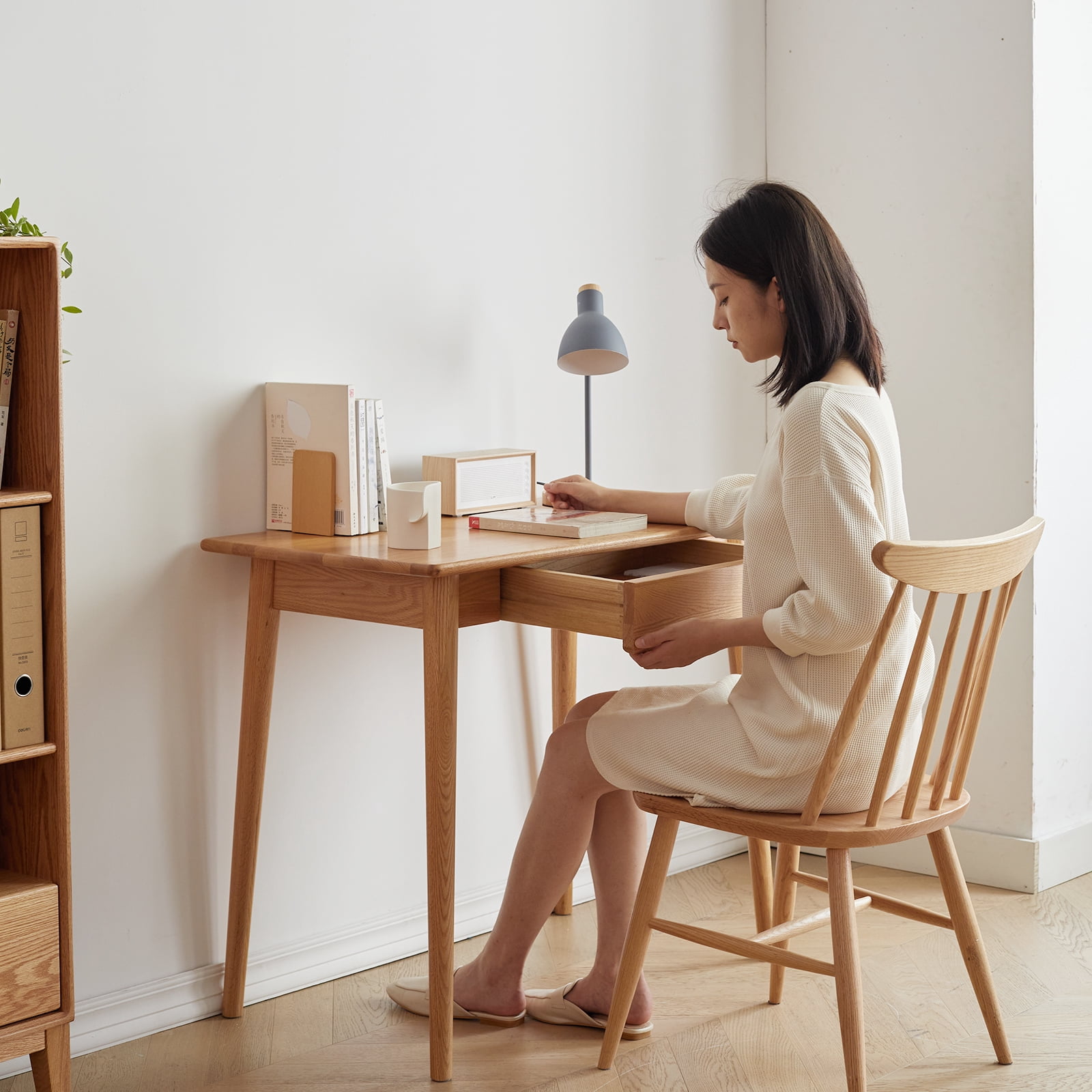Computer Study Desk Oak Natural Wood PC Desk Work Desk Dressing Table Slim Solid Wood With Drawer Simple Work From Home