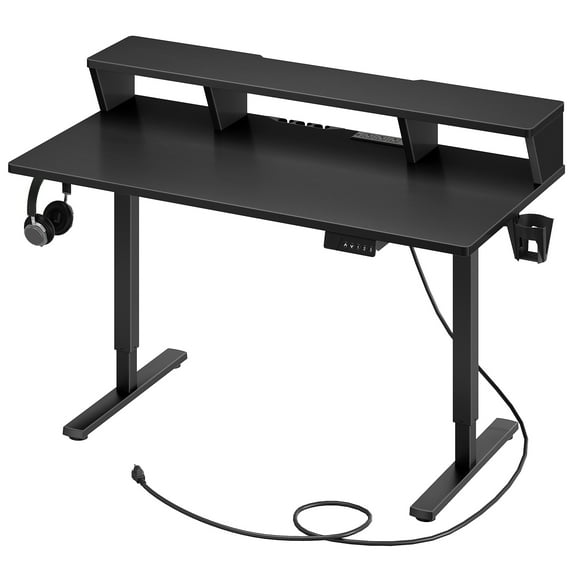 Adjustable Standing Desk with Charging Station - 3 Memory Presets Monitor Shelf Black Gray