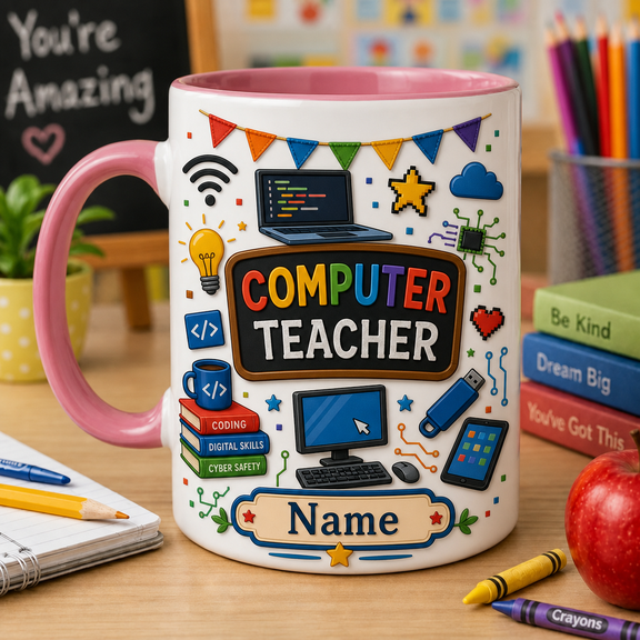 Computer Teacher Mug Personalized Custom Name Coffee Cup Back to School Tech Teacher Gift