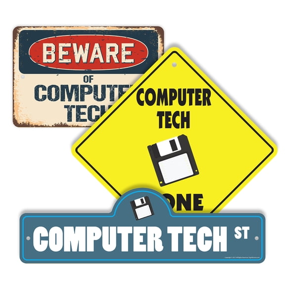 Computer Tech (3 Pack) Large Plastic Street Sign Crossing Sign Warning Sign Vintage Rustic Beware Warning Xing IT Specialist Programmer Office Geek Repair Network Code Tech Decor