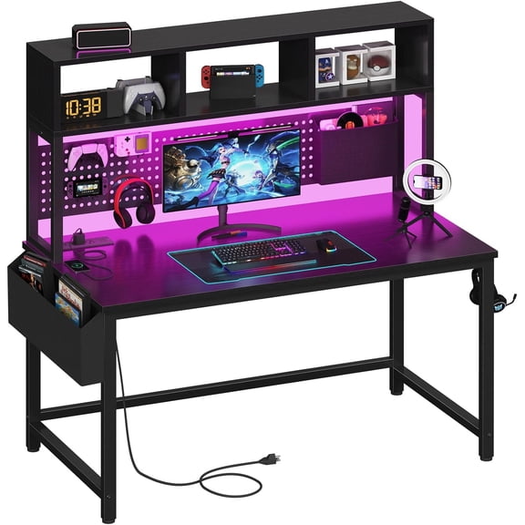 Computer Teen Work Study Writing Desks for Bedroom Home Office , Black Gaming Desk with Hutch and Pegboard - 47 Inch Gaming Desk with Shelves Storage Power Outlets