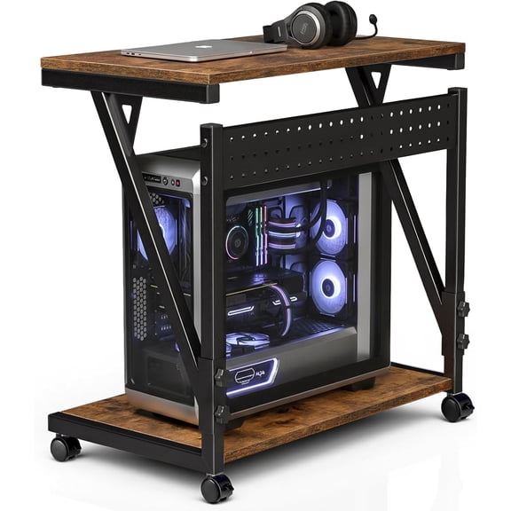 Computer Tower Cart - Height Adjustable PC Stand, 2-Tier ATX-Case CPU Holder Home Office Gaming Desk Accessories with Rolling Lockable Wheels, Laptop Table Standing Computer Desk, Rustic Brown