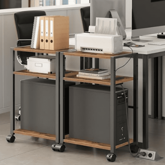 Computer Tower Stand, 3-Tier PC Tower Stand, PC Stand with Charging Station, Mobile CPU Stand Fits Most PC, Adjustable Shelf, for PC Tower, Printer, Home Office, Rustic Brown