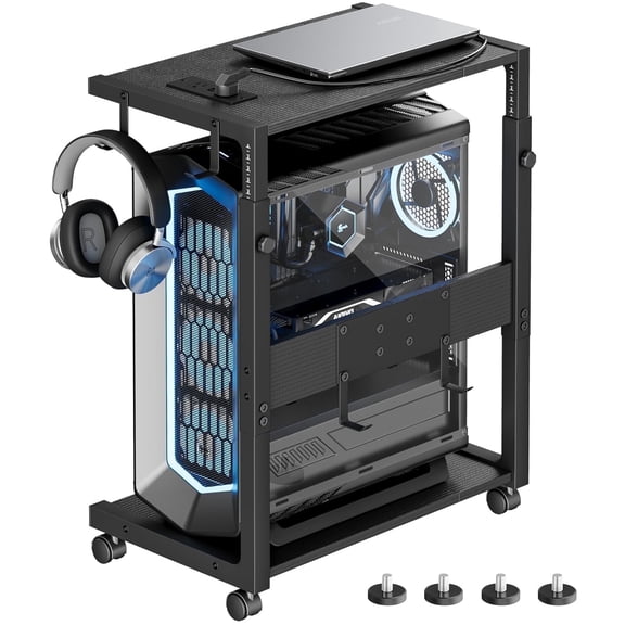 EKNITEY Computer Tower Stand Adjustable PC Tower Stand CPU Holder Cart with Charging Station ,23.03"-28.3" H