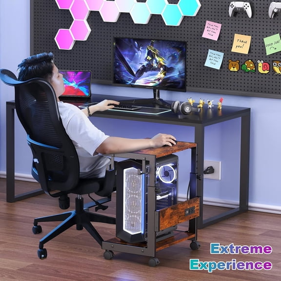 Computer Tower Stand with Charge Station and USB Charging Port - Height Adjustable PC Tower Stand, Under Desk CPU Holder Cart with Locking Caster Wheels for Fits Most PC