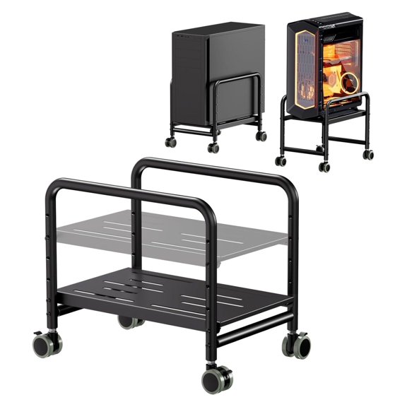 Computer Tower Stand Under Desk for Most PC Cases, Black Rolling CPU Holder with Adjustable Height 5.2 to 11.9 inches, Heavy Duty Steel Base with Safety Rails, No Drilling Required for Home Office