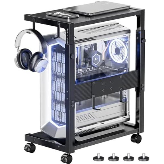 Computer Tower Stand - Height Adjustable PC Tower Stand CPU Holder Cart with Locking Wheels and 4 Hooks for Home Office,23.03"-28.3" H, Black$$Office