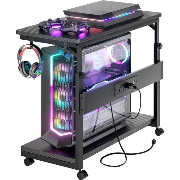 Computer Tower Stand - PC Stand for Floor with Power Outlets, PC Tower Stand for Carpet, PC Holder Under Desk with Wheels and Hooks, Gaming Console & Computer Cart, Carbon Fiber Black, 24"
