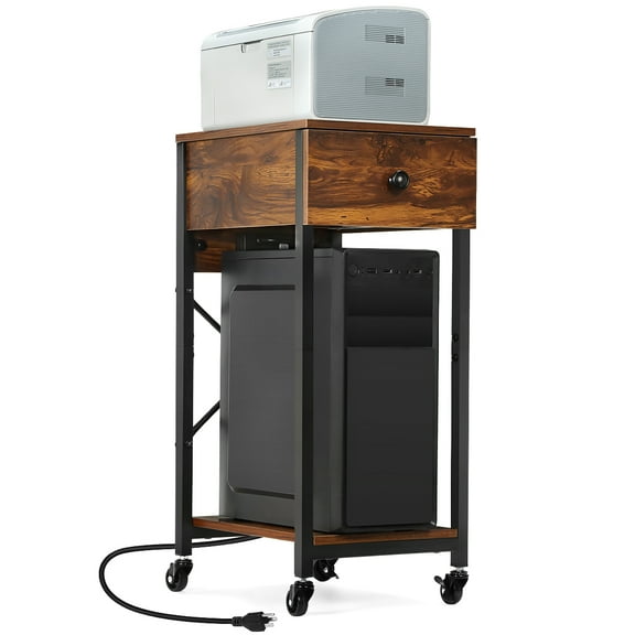 Computer Tower Stand, Rolling Printer Stand with Drawers, Pc Tower Stand with Lockable Wheels, Office CPU Stand, Cabinet Under Desk for Fax Machine, Copier, Scanner, Printer